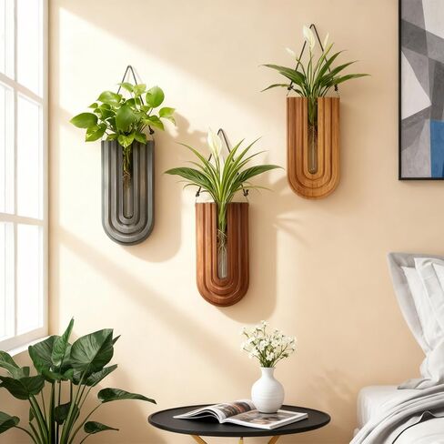 MODUGLE Wall Mounted Wooden Propagation Station Set of 3 - Boho Hanging Indoor Wall Planter Vases for Plants & Flowers, Handmade Rainbow Decor for Living Room, Entryway, or Home Gallery Display in Saudi Arabia