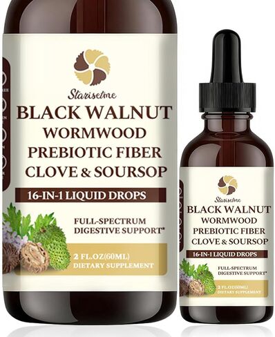 صبغة Starisetme Wormwood Black Walnut Cleanse للبشر - البريبايوتيك الصحي للأمعاء بقوة قصوى مع القرنفل، القشطة الشائكة، بذور اليقطين، بالإضافة إلى الفيتامينات والمعادن للمناعة والمزاج، النساء والرجال - نباتي، غير معدّل وراثيًا in Kuwait