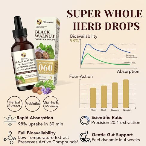 صبغة Starisetme Wormwood Black Walnut Cleanse للبشر - البريبايوتيك الصحي للأمعاء بقوة قصوى مع القرنفل، القشطة الشائكة، بذور اليقطين، بالإضافة إلى الفيتامينات والمعادن للمناعة والمزاج، النساء والرجال - نباتي، غير معدّل وراثيًا in Kuwait