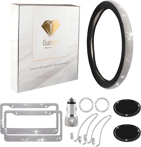 33-Piece Bling Car Accessories Set for Women - Rhinestone Steering Wheel Cover, Diamond Door Stickers, Auto Hooks, Vent Outlet Trim, Tire Valve Stem Caps, and Cup Holders (Black) in Kuwait