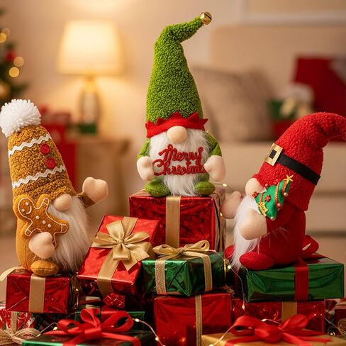 مجموعة أقزام عيد الميلاد مكونة من 3 قطع، زخارف على سطح الطاولة من القطيفة الاسكندنافية Tomte - بني، أخضر وأحمر - قاعدة مرجحة، قبعة قابلة للانحناء (أخضر)، جليسات أرفف للعطلات للرف، صينية متدرجة، طاولة دخول in Kuwait
