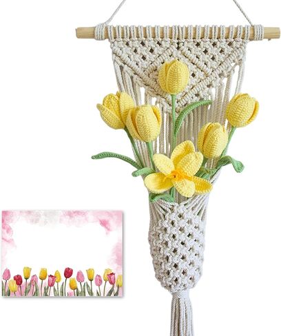 TAPHOA Handmade Crochet Flowers Bouquet Yellow Fake Flowers with Macrame Wall Hanging, Boho Home Decor, Housewarming Gift for Women, Bedroom or Office Accent (Yellow Tulips) in Kuwait