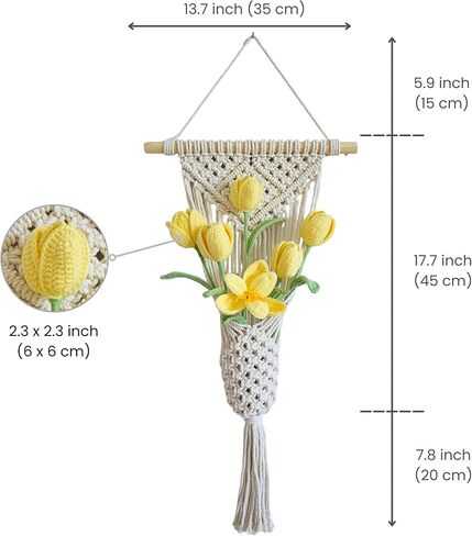 TAPHOA Handmade Crochet Flowers Bouquet Yellow Fake Flowers with Macrame Wall Hanging, Boho Home Decor, Housewarming Gift for Women, Bedroom or Office Accent (Yellow Tulips) in Kuwait