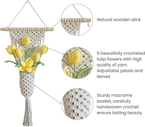 TAPHOA Handmade Crochet Flowers Bouquet Yellow Fake Flowers with Macrame Wall Hanging, Boho Home Decor, Housewarming Gift for Women, Bedroom or Office Accent (Yellow Tulips) in Kuwait