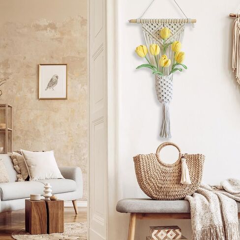 TAPHOA Handmade Crochet Flowers Bouquet Yellow Fake Flowers with Macrame Wall Hanging, Boho Home Decor, Housewarming Gift for Women, Bedroom or Office Accent (Yellow Tulips) in Kuwait