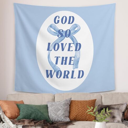 Coquette Blue Bow Christian Tapestry, Coquette Preppy Room Decor, God So Loved the World Bible Verses Religious Tapestries Wall Blanket for Girls Room Dorm Bedroom, 50x60 Inch in Saudi Arabia
