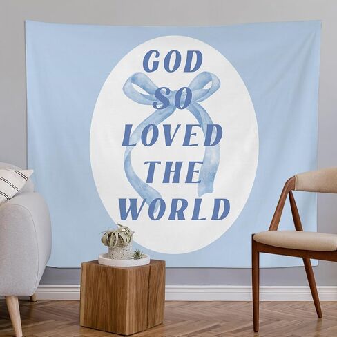 Coquette Blue Bow Christian Tapestry, Coquette Preppy Room Decor, God So Loved the World Bible Verses Religious Tapestries Wall Blanket for Girls Room Dorm Bedroom, 50x60 Inch in Saudi Arabia