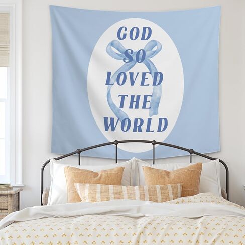 Coquette Blue Bow Christian Tapestry, Coquette Preppy Room Decor, God So Loved the World Bible Verses Religious Tapestries Wall Blanket for Girls Room Dorm Bedroom, 50x60 Inch in Saudi Arabia
