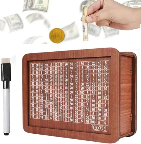 Wooden Money Box with Money Target and Numbers, Coin Counter Piggy Bank, Savings Challenges Money Box, Cash Vault Wooden Savings Box 10,000, Cash Saver Box with Marker Pen (10000 Dollar) in Saudi Arabia