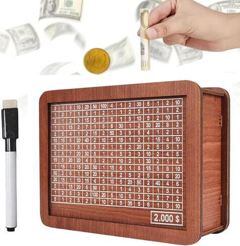Wooden Money Box with Money Target and Numbers, Coin Counter Piggy Bank, Savings Challenges Money Box, Cash Vault Wooden Savings Box 10,000, Cash Saver Box with Marker Pen (10000 Dollar) in Saudi Arabia