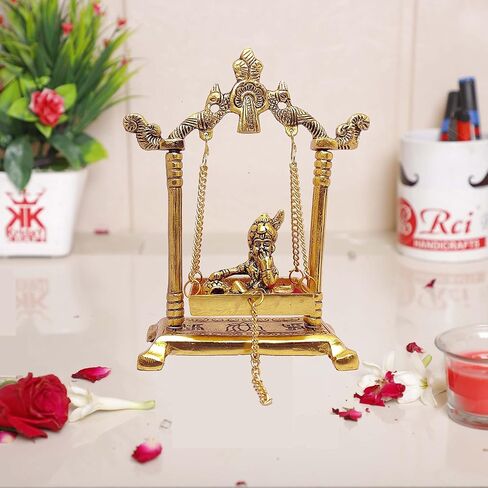 تمثال KridayKraft Laddu Gopal على تمثال Jhulla Palana المعدني المطلي بالذهب ديكور منزلك، مكتب معدني كريشنا مورتي، تماثيل تحفة فنية، مقالة هدية دينية. in Saudi Arabia