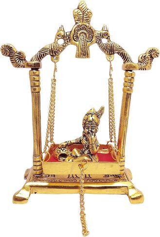 تمثال KridayKraft Laddu Gopal على تمثال Jhulla Palana المعدني المطلي بالذهب ديكور منزلك، مكتب معدني كريشنا مورتي، تماثيل تحفة فنية، مقالة هدية دينية. in Saudi Arabia