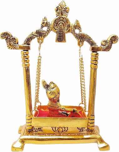 تمثال KridayKraft Laddu Gopal على تمثال Jhulla Palana المعدني المطلي بالذهب ديكور منزلك، مكتب معدني كريشنا مورتي، تماثيل تحفة فنية، مقالة هدية دينية. in Saudi Arabia