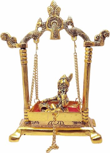 تمثال KridayKraft Laddu Gopal على تمثال Jhulla Palana المعدني المطلي بالذهب ديكور منزلك، مكتب معدني كريشنا مورتي، تماثيل تحفة فنية، مقالة هدية دينية. in Saudi Arabia