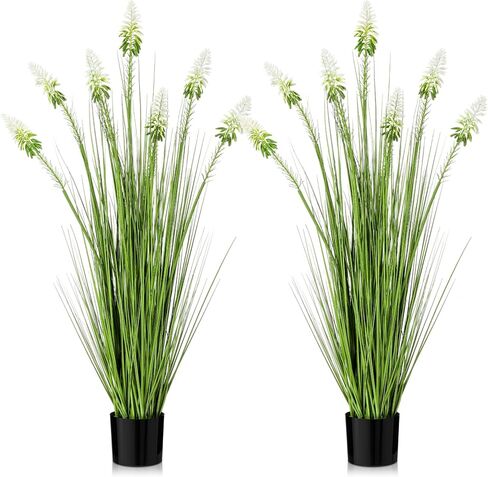 Jexine 2 Pieces Faux Plants Outdoor 4 ft Horsetail Reed Grass with White Cockscomb Flower Tall Artificial Grass Plant Potted Faux Greenery Floor Plant for Housewarming Gift House Garden Lobby Outdoor in Saudi Arabia