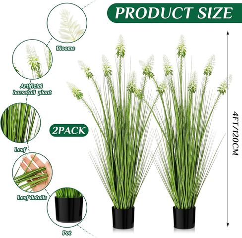 Jexine 2 Pieces Faux Plants Outdoor 4 ft Horsetail Reed Grass with White Cockscomb Flower Tall Artificial Grass Plant Potted Faux Greenery Floor Plant for Housewarming Gift House Garden Lobby Outdoor in Saudi Arabia