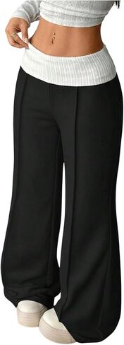 Verdusa Women's Fold Over Baggy Pants Athletic Wide Leg Sweatpants Fitness Clothing Lightweight Bell Bottoms in Saudi Arabia