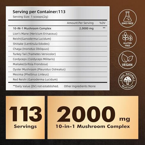 10-in-1 Mushroom Powder, Mushroom Complex - Lions Mane, Reishi, Shiitake, Chaga, Turkey Tail, Cordyceps, Maitake & More, Mushroom Supplement Powder for Energy, Memory, Focus & Immune Support 8oz in Saudi Arabia