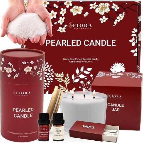 Pearled Candle Sand Gift Set - 18oz Sand Wax, 30 Wicks, 2X Natural Fragrance Oils + Free Large Glass Jar Included - Smoke-Free Powder Snow Candles, Upto 120 Hours Burn Time - DIY Candle Making Kit in Kuwait
