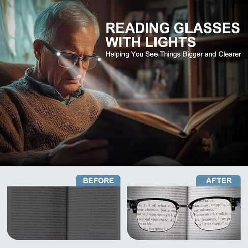 firstsense Reading Glasses with Lights Rechargeable Bright LED Readers Lighted Eyewear Clear Hands Free Magnifier Eyeglasses Vision Unisex, +2.0 in Saudi Arabia