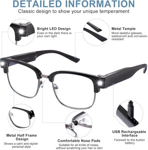 firstsense Reading Glasses with Lights Rechargeable Bright LED Readers Lighted Eyewear Clear Hands Free Magnifier Eyeglasses Vision Unisex, +2.0 in Saudi Arabia