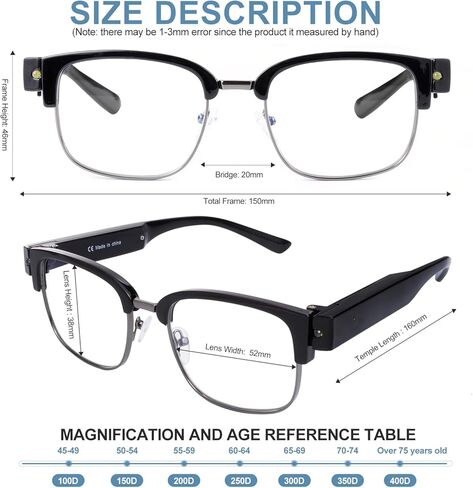 firstsense Reading Glasses with Lights Rechargeable Bright LED Readers Lighted Eyewear Clear Hands Free Magnifier Eyeglasses Vision Unisex, +2.0 in Saudi Arabia
