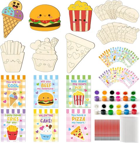CJiangpo 24 Pack Valentine’s Day Dessert Wood Painting Craft Kits, Valentines Cards with Watercolor Paint Bulk for Boys Girls, Color Your Own Wooden Craft Kids Classroom Exchange Gift Party Favors in Kuwait