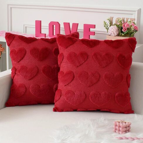 Kevin Textile Heart Love Cute Decorative Throw Pillow Covers 18x18 Inch Set of 2 Soft Faux Fur Pillow Covers for Valentine's Day Gifts Fluffy Plush Pillow Case for Couch Cushion Livingroom Red in Saudi Arabia