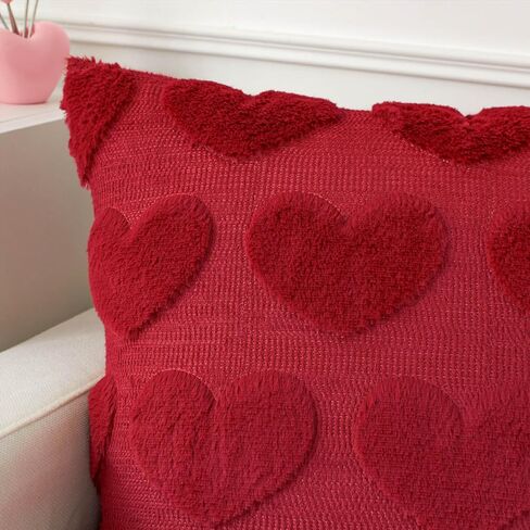 Kevin Textile Heart Love Cute Decorative Throw Pillow Covers 18x18 Inch Set of 2 Soft Faux Fur Pillow Covers for Valentine's Day Gifts Fluffy Plush Pillow Case for Couch Cushion Livingroom Red in Saudi Arabia