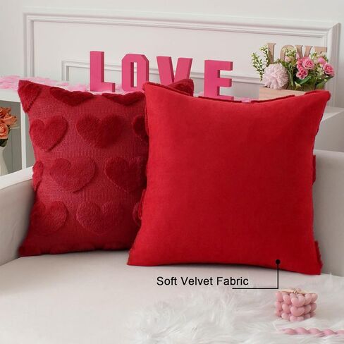 Kevin Textile Heart Love Cute Decorative Throw Pillow Covers 18x18 Inch Set of 2 Soft Faux Fur Pillow Covers for Valentine's Day Gifts Fluffy Plush Pillow Case for Couch Cushion Livingroom Red in Saudi Arabia