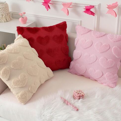 Kevin Textile Heart Love Cute Decorative Throw Pillow Covers 18x18 Inch Set of 2 Soft Faux Fur Pillow Covers for Valentine's Day Gifts Fluffy Plush Pillow Case for Couch Cushion Livingroom Red in Saudi Arabia