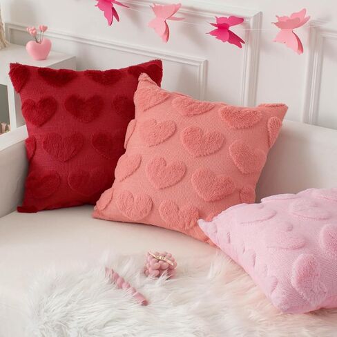 Kevin Textile Heart Love Cute Decorative Throw Pillow Covers 18x18 Inch Set of 2 Soft Faux Fur Pillow Covers for Valentine's Day Gifts Fluffy Plush Pillow Case for Couch Cushion Livingroom Red in Saudi Arabia