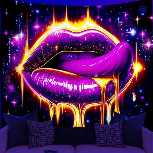 WEBEEDY Lips Black Light Tapestry UV Reactive Glowing Lip Neon Wall Hanging Tapestries Aesthetic Posters Glow in The Dark for Dorm Living Room Home Photo Shoot Prop Party Decor (59"x51"/150x130cm) in Saudi Arabia