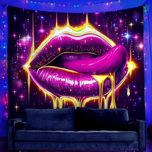 WEBEEDY Lips Black Light Tapestry UV Reactive Glowing Lip Neon Wall Hanging Tapestries Aesthetic Posters Glow in The Dark for Dorm Living Room Home Photo Shoot Prop Party Decor (59"x51"/150x130cm) in Saudi Arabia