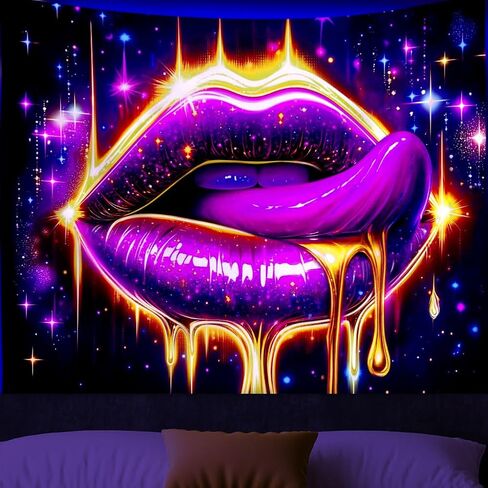 WEBEEDY Lips Black Light Tapestry UV Reactive Glowing Lip Neon Wall Hanging Tapestries Aesthetic Posters Glow in The Dark for Dorm Living Room Home Photo Shoot Prop Party Decor (59"x51"/150x130cm) in Saudi Arabia