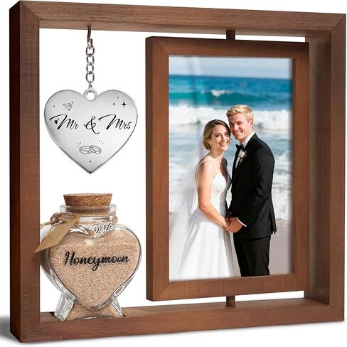 هدايا الزفاف للأزواج - إطار صورة مزدوج الجوانب يدور بزاوية 360 درجة مع برطمان تذكار رملي لشهر العسل، يحمل صورتين مقاس 4×6، مثالي لحفلات الزفاف وخطوبة السيد والسيدة ومجموعة هدايا المتزوجين حديثًا (دع المغامرة تبدأ باللون الأبيض) in Kuwait