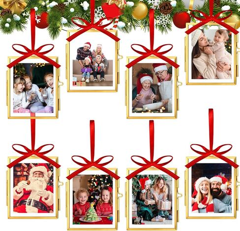 Qunclay 8 Set Christmas Vintage Brass Glass Photo Ornaments with Locket Closure Antique Gold Ornament Frames 2.52"x 3.15" Rectangle Glass Hanging Picture Frame for Christmas Home Party Decor in Saudi Arabia