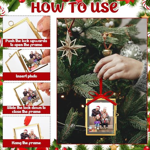 Qunclay 8 Set Christmas Vintage Brass Glass Photo Ornaments with Locket Closure Antique Gold Ornament Frames 2.52"x 3.15" Rectangle Glass Hanging Picture Frame for Christmas Home Party Decor in Saudi Arabia