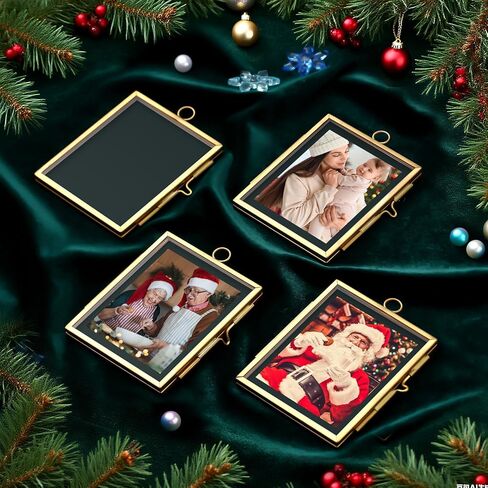 Qunclay 8 Set Christmas Vintage Brass Glass Photo Ornaments with Locket Closure Antique Gold Ornament Frames 2.52"x 3.15" Rectangle Glass Hanging Picture Frame for Christmas Home Party Decor in Saudi Arabia