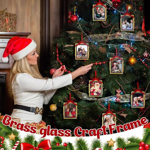 Qunclay 8 Set Christmas Vintage Brass Glass Photo Ornaments with Locket Closure Antique Gold Ornament Frames 2.52"x 3.15" Rectangle Glass Hanging Picture Frame for Christmas Home Party Decor in Saudi Arabia