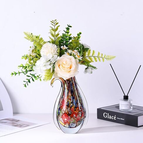 Hand Blown Glass Vase – Oval Decorative Art Glass for Centerpieces, Murano Inspired Decor for Dining Room, Entryway Table, or Shelf, Handmade Glass Vase for Home Display (Teal) in Saudi Arabia