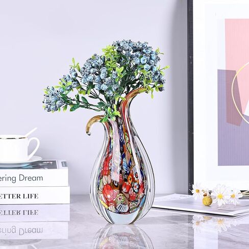 Hand Blown Glass Vase – Oval Decorative Art Glass for Centerpieces, Murano Inspired Decor for Dining Room, Entryway Table, or Shelf, Handmade Glass Vase for Home Display (Teal) in Saudi Arabia