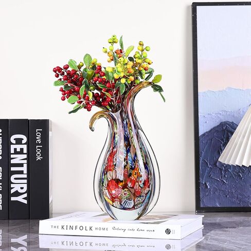 Hand Blown Glass Vase – Oval Decorative Art Glass for Centerpieces, Murano Inspired Decor for Dining Room, Entryway Table, or Shelf, Handmade Glass Vase for Home Display (Teal) in Saudi Arabia