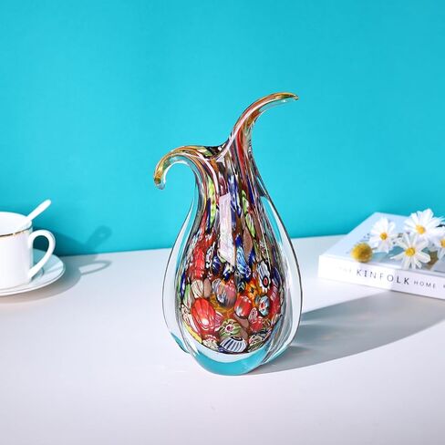Hand Blown Glass Vase – Oval Decorative Art Glass for Centerpieces, Murano Inspired Decor for Dining Room, Entryway Table, or Shelf, Handmade Glass Vase for Home Display (Teal) in Saudi Arabia