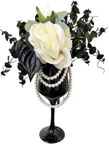 Luxurious Fragrant Artificial Flowers with Decorative Glass Vase & Pearl Accents – Premium Faux White Roses & Black Calla Lilies, Elegant Home & Office Decor, (Black Elegance) in Saudi Arabia