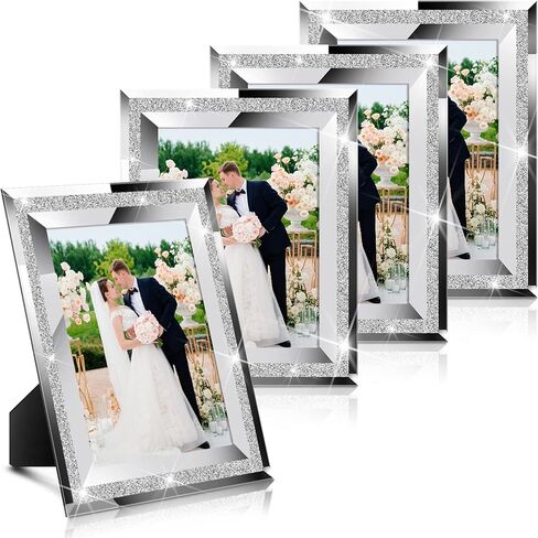Bucherry 4 Pcs 5 x 7 Picture Frames Glass Sparkly Mirrored Photo Frames Christmas Crystal Glitter Silver Photo Frames for Tabletop Display for Home Vertically or Horizontally(Glitter Style) in Saudi Arabia