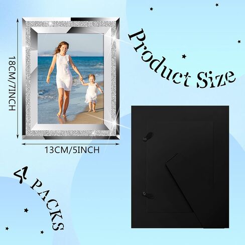Bucherry 4 Pcs 5 x 7 Picture Frames Glass Sparkly Mirrored Photo Frames Christmas Crystal Glitter Silver Photo Frames for Tabletop Display for Home Vertically or Horizontally(Glitter Style) in Saudi Arabia