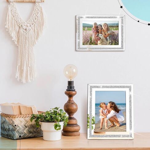 Bucherry 4 Pcs 5 x 7 Picture Frames Glass Sparkly Mirrored Photo Frames Christmas Crystal Glitter Silver Photo Frames for Tabletop Display for Home Vertically or Horizontally(Glitter Style) in Saudi Arabia
