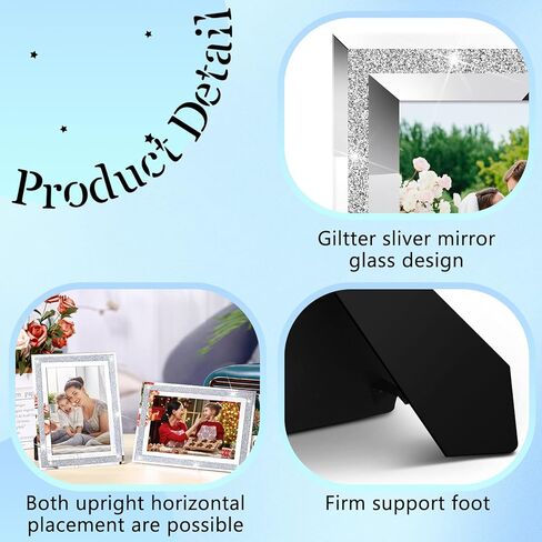 Bucherry 4 Pcs 5 x 7 Picture Frames Glass Sparkly Mirrored Photo Frames Christmas Crystal Glitter Silver Photo Frames for Tabletop Display for Home Vertically or Horizontally(Glitter Style) in Saudi Arabia