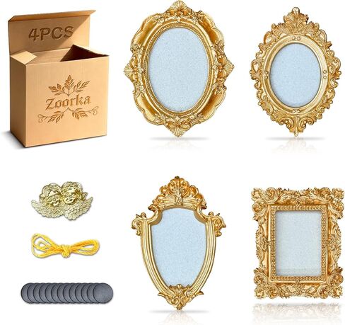 Zoorka 4 Pcs Magnetic Picture Frames for Refrigerator, Vintage Mini Gold Frames with Hooks and Rope for Hanging, Baroque Victorian Decor Set with Small Angel for Christmas Decor in Saudi Arabia